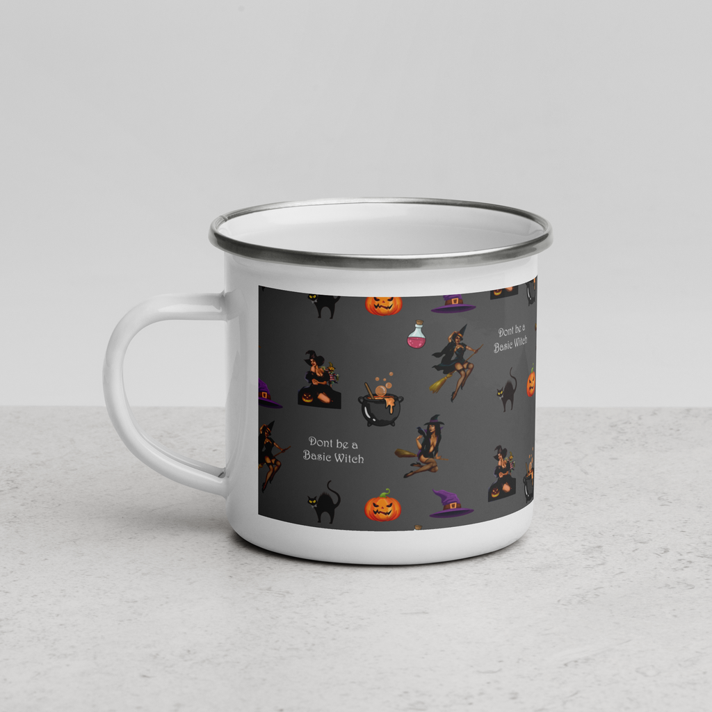 Halloween Enamel Mug, Halloween All Over Print Coffee Mug/Don't be a Basic Witch SHAVA