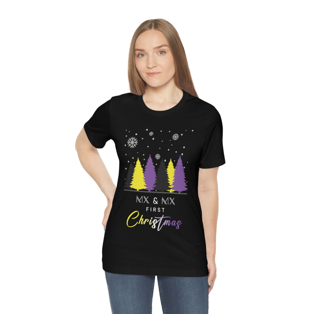 Classic Unisex Short Sleeve Christmas LGBTQ T-shirt - Non Binary Color Trees Mx & Mx First Christmas Printify