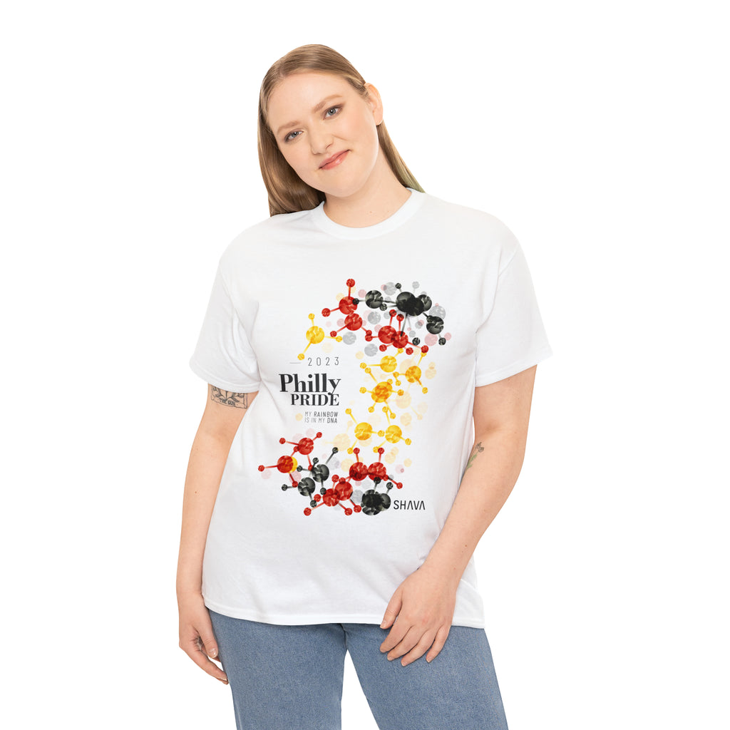 SHAVA CO Rubber Flag 2023 Pride, Philly Unisex Heavy Cotton Tee - My Rainbow Is In My DNA Printify