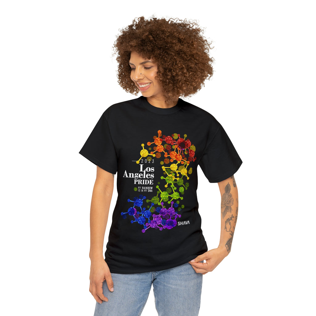 SHAVA CO Rainbow Flag 2023 Pride, Los Angeles Unisex Heavy Cotton Tee - My Rainbow Is In My DNA Printify