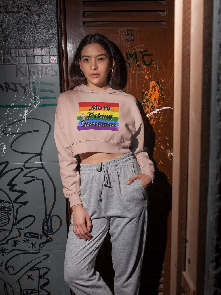 Christmas LGBTQ Women’s Cropped Hooded Sweatshirt - Merry F*cking Queermas Printify