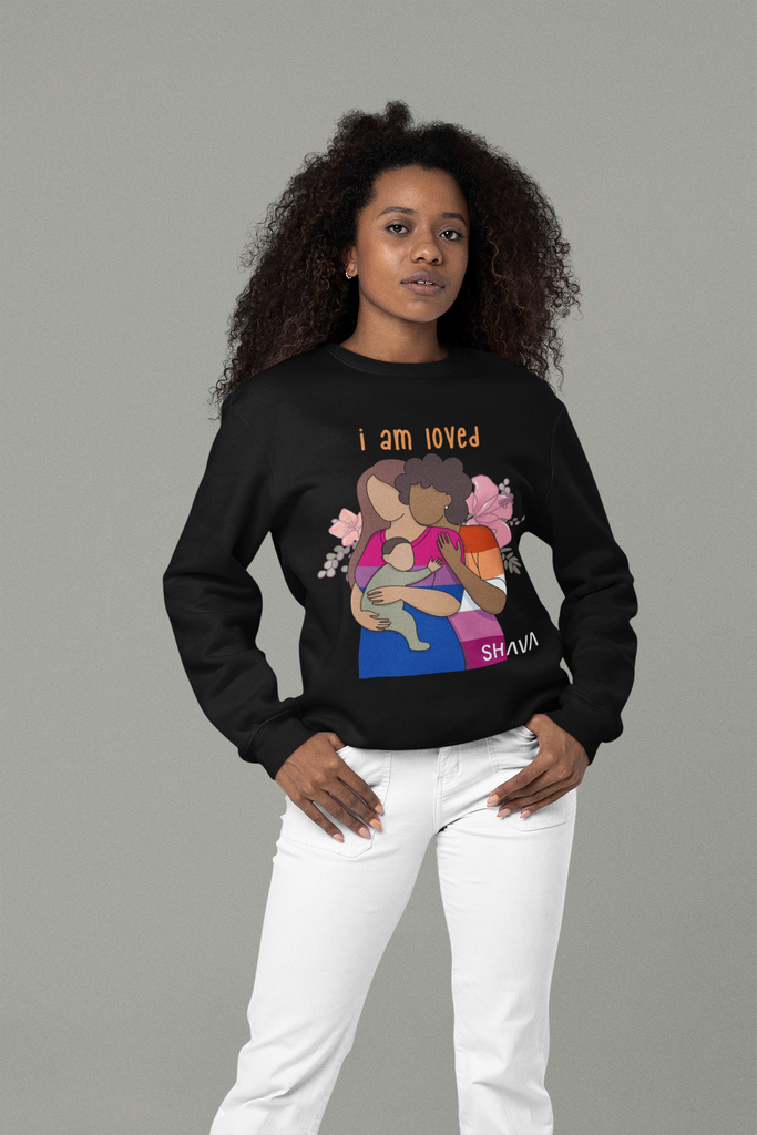Affirmation Feminist Pro Choice Sweatshirt Women’s Size – I Am Loved (black family) Printify