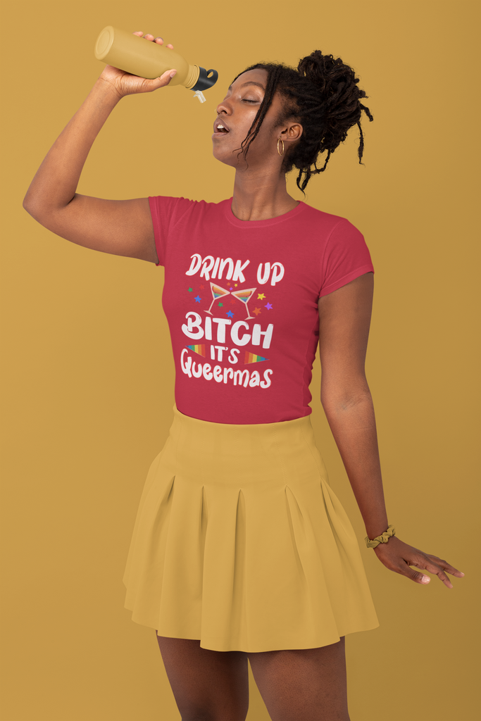 Classic Unisex Christmas LGBTQ T-Shirt - Drink Up Bitch It’s Queermas Printify