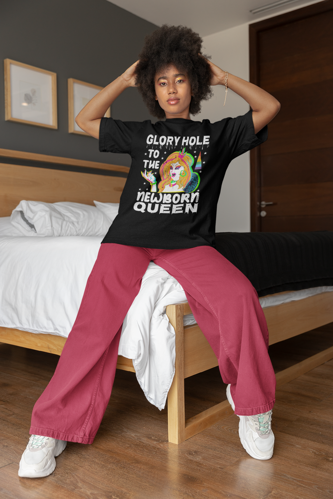 Classic Unisex Christmas LGBTQ T-Shirt - Glory hole to the Newborn Queen Printify